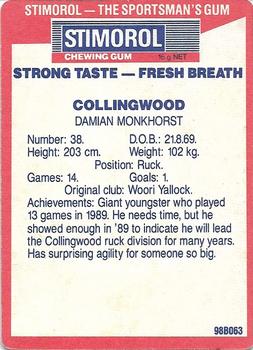 1990 AFL Scanlens Stimorol #56 Damian Monkhorst Back